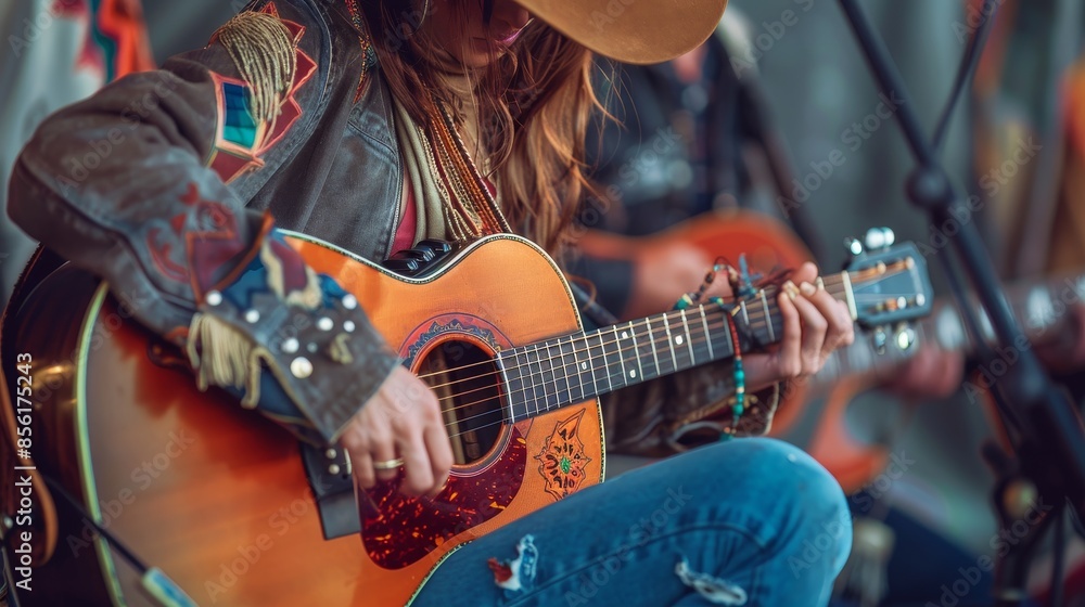Obraz premium A woman in a cowboy hat is singing into a microphone while playing a guitar