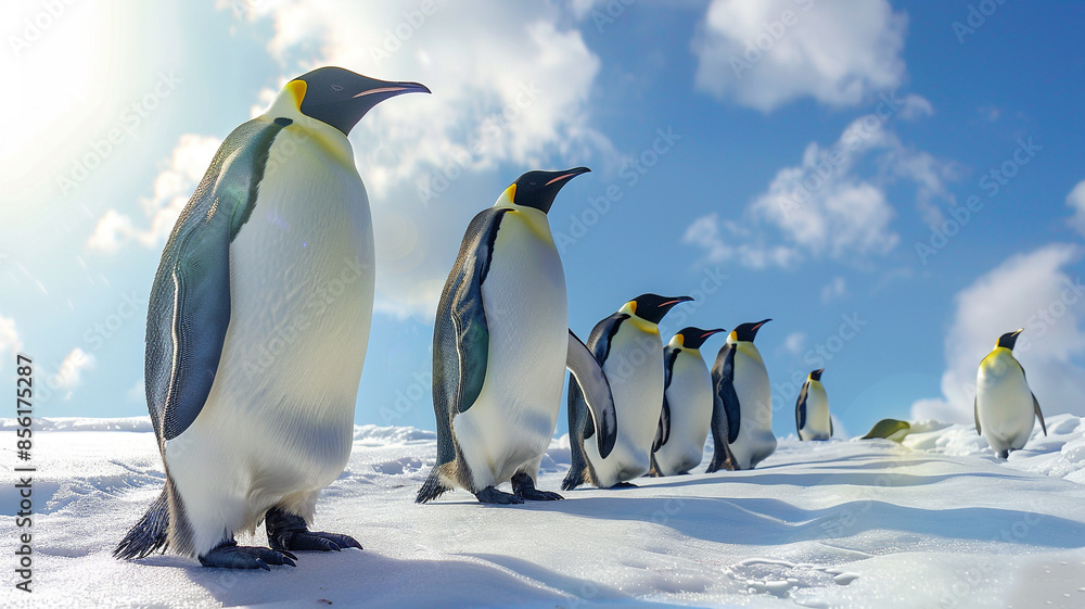 Fototapeta premium A group of emperor penguins on the snow with a blue sky background