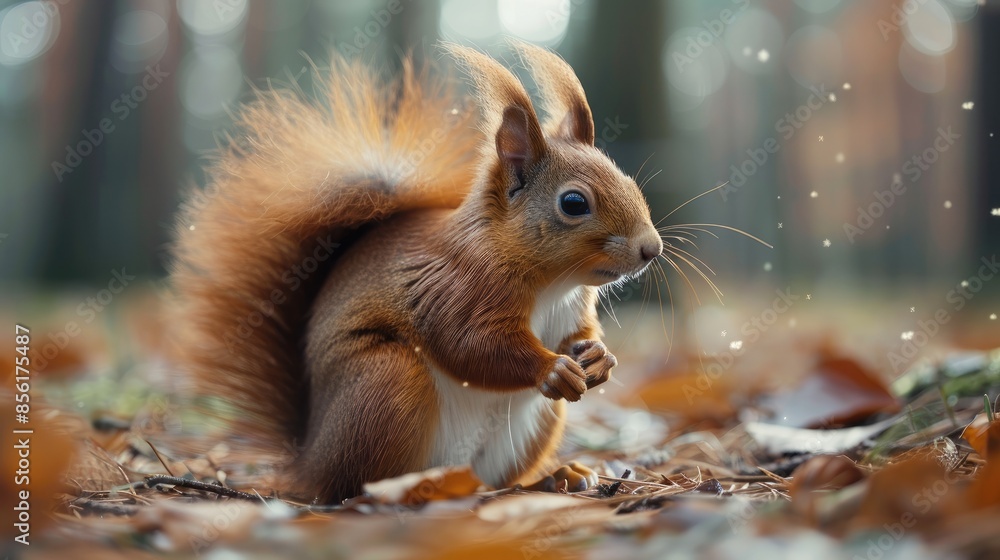 A cute red squirrel in the forest, close up shot, forest blur background. Generative AI.