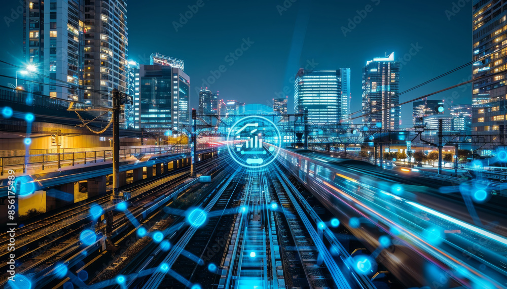 A cityscape with a train and a blue circle in the middle by AI generated image A cityscape with a train and a blue circle in the middle by AI generated image