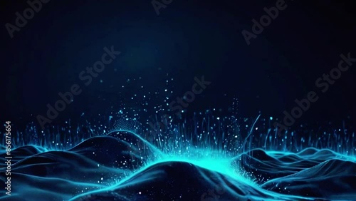 Futuristic flight through a digital line landscape, Blue dust particle ,abstract background. 3D Rendering photo