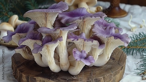   A cluster of purplish fungi resting atop a sliver of brown wood upon a white tablecloth photo