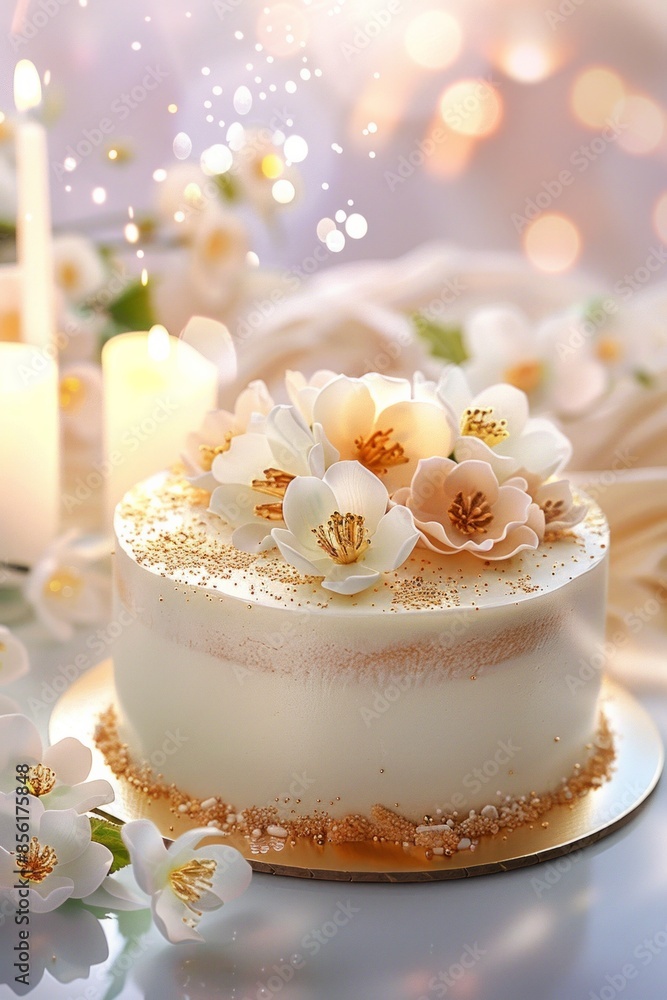 Elegant white cake adorned with delicate floral decorations and subtle gold accents Elegant white cake adorned with delicate floral decorations and subtle gold accents