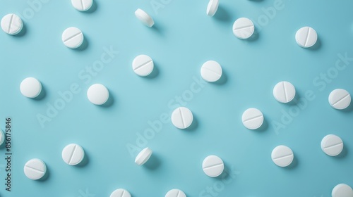 White round and oval tablets viewed from above on blue backdrop