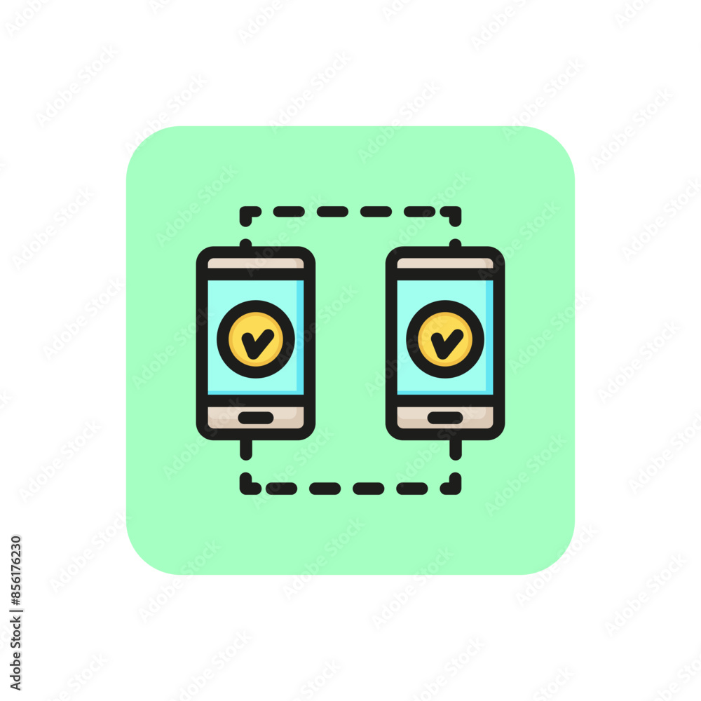 Two mobile phones with tick sign line icon. Mobile synchronization, data transfer, sms. Mobile connection concept. Can be used for topics like technology, communication, internet Two mobile phones with tick sign line icon. Mobile synchronization, data transfer, sms. Mobile connection concept. Can be used for topics like technology, communication, internet