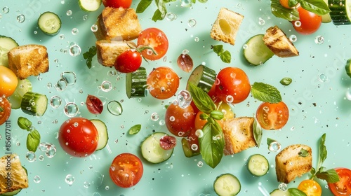 Vibrant Panzanella Salad Ingredients Floating on Mint Green Background for Fresh Food Advertising