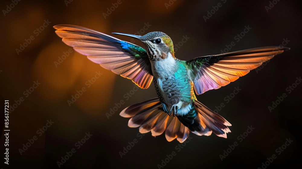 Hovering hummingbird spreads iridescent wings in mid air, AI Generative. Hovering hummingbird spreads iridescent wings in mid air, AI Generative.