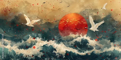 an oriental natural hand drawn wave pattern with ocean sea decoration banner design in vintage style with crane birds modern japanese background with watercolor painting.image illustration