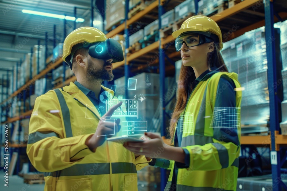 Warehouse workers with digital tablet interface Warehouse workers with digital tablet interface