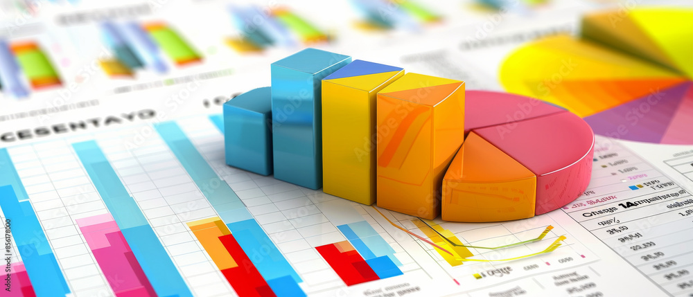 Fototapeta premium Various colorful 3D pie charts and graphs spread across documents, representing diverse financial data, analysis, and statistical information.