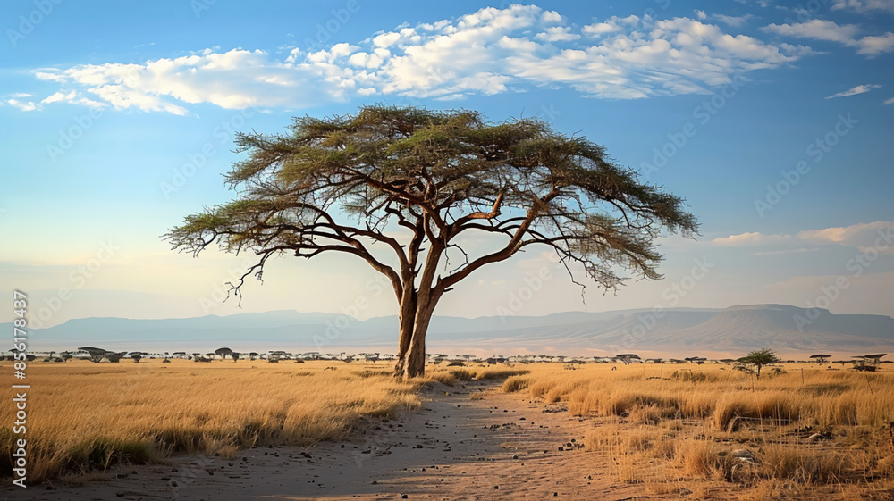 Lonely acacia tree stands on arid African plain, AI Generative. Lonely acacia tree stands on arid African plain, AI Generative.