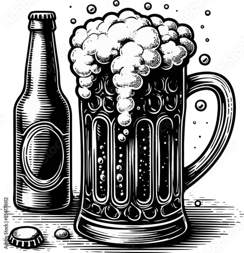 black and white engrave illustration of beer bottle