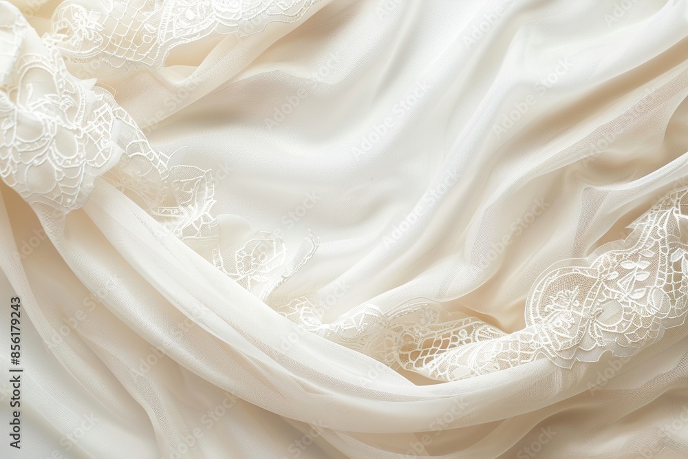 Elegant close-up of bridal fabric showcasing intricate floral embroidery on delicate tulle, perfect for wedding design backgrounds with its subtle textures and romantic appeal. Elegant close-up of bridal fabric showcasing intricate floral embroidery on delicate tulle, perfect for wedding design backgrounds with its subtle textures and romantic appeal.