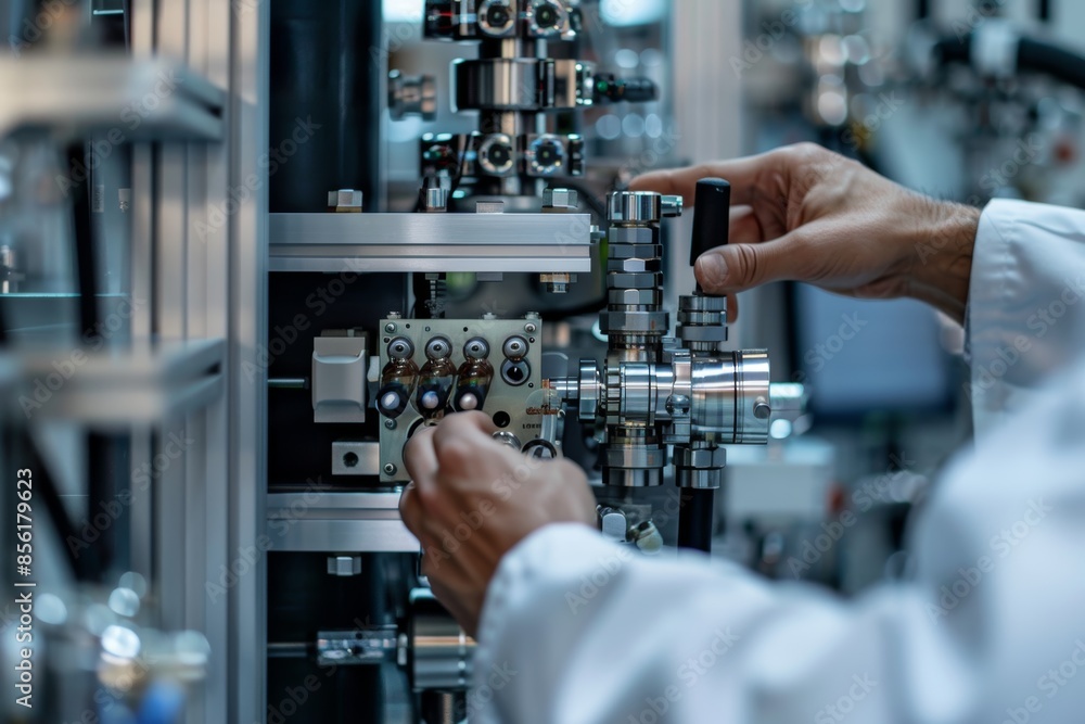 Close-Up of Scientist Adjusting Advanced Fuel Cell Settings in Cutting-Edge Laboratory Close-Up of Scientist Adjusting Advanced Fuel Cell Settings in Cutting-Edge Laboratory