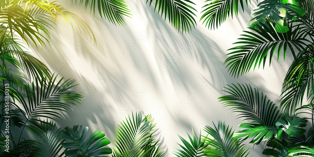 Obraz premium shadow of tropical leaves on white background mockup with shadow of palm leaves on white background modern illustration.stock illustration