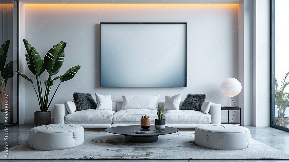 A clean and spacious living room setup featuring a white canvas backdrop, Neatly placed minimal furniture, Minimalist luxury style. Generative AI. A clean and spacious living room setup featuring a white canvas backdrop, Neatly placed minimal furniture, Minimalist luxury style. Generative AI.