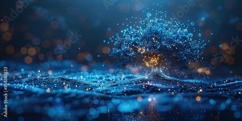 blue cyber polygon tree concept with futuristic element of network technology or big data.stock photo