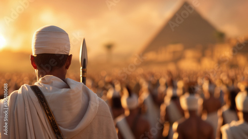 Historical depiction of biblical Joseph as a Pharaoh in Egypt, viewed from behind, with a large crowd and pyramids in the background, bathed in golden light. photo