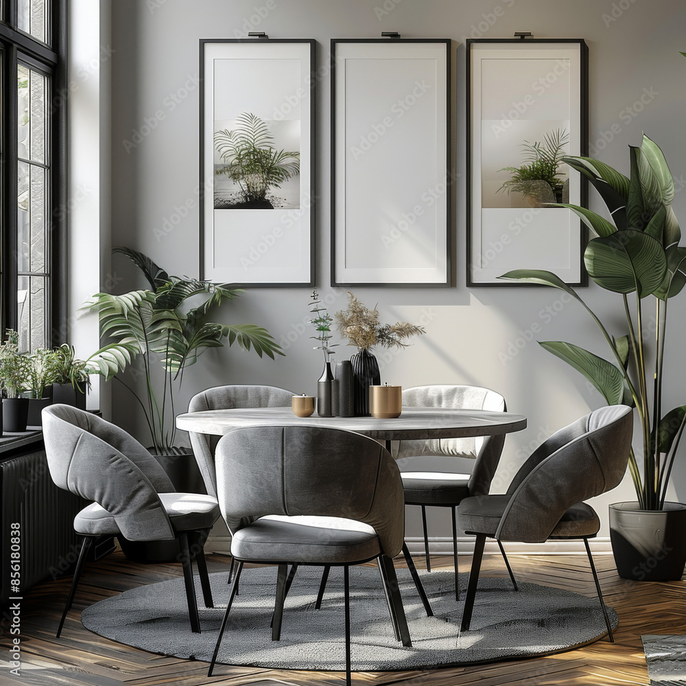 Fototapeta premium 30x45cm blank poster frame on the wall, black thin square picture frames, interior design of a modern dining room, white walls, minimalist style with a wooden floor and a round table with chairs.