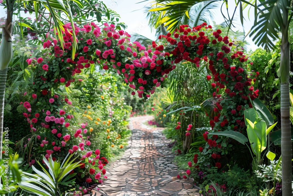 Beautiful rose arches and garden paths in a tropical exotic botanical flower park with red roses Beautiful rose arches and garden paths in a tropical exotic botanical flower park with red roses