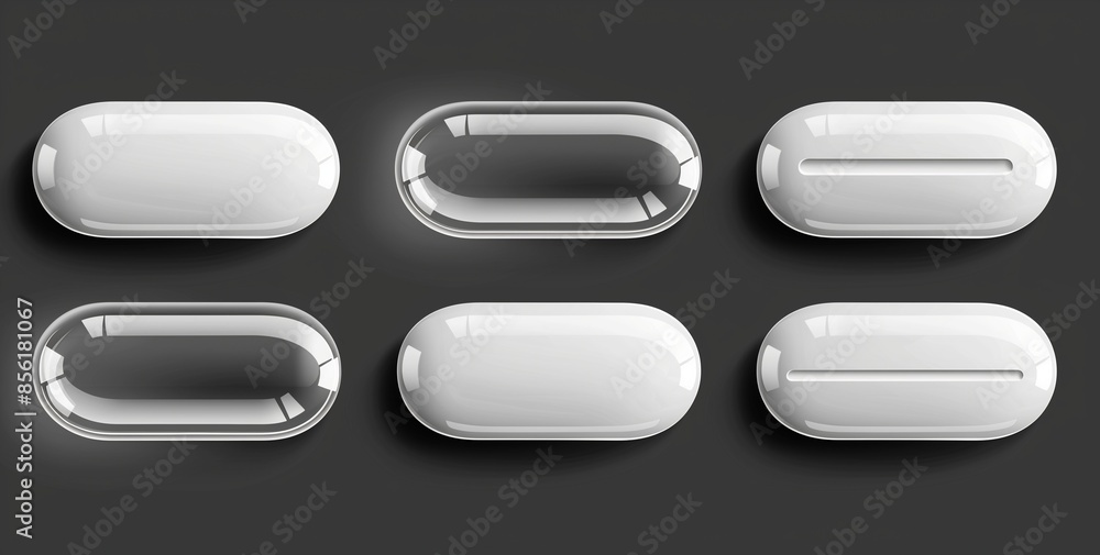 Set of white oval buttons, rounded corners, illustration, on black background Set of white oval buttons, rounded corners, illustration, on black background