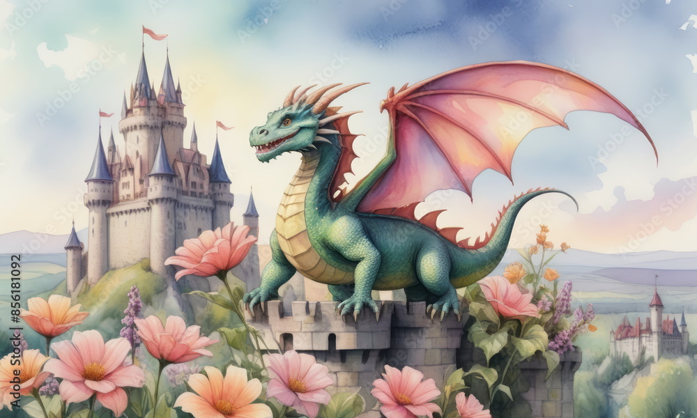 Vibrant dragon with colorful wings soars over a fairytale castle with ...
