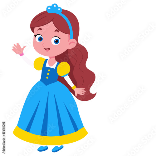 A young girl in a blue dress is standing with her arms outstretched
