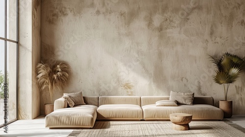 A minimalist living room decorated in soft olive tones, with minimalist furnishings and a clean, uncluttered layout. The image provides ample copy space for adding text or graphics, suitable for a