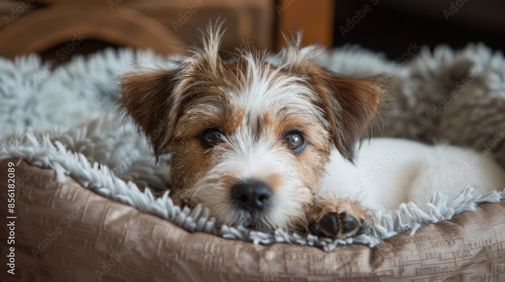Jack Russell Terrier puppy with wiry hair resting in a dog bed and gazing at the camera Jack Russell Terrier puppy with wiry hair resting in a dog bed and gazing at the camera