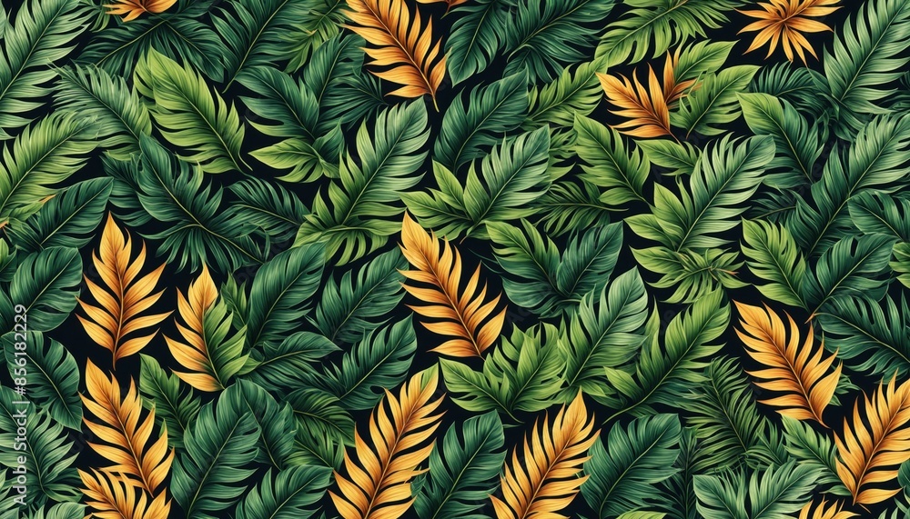 Naklejka premium Close-up of tropical leaf pattern with vibrant green foliage and touches of yellow. Detailed textures create lush, inviting visual