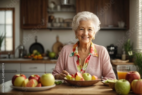 Portrait fruit salad and apple with a senior woman photo