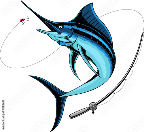 Blue Marlin Fish Fishing Graphic Logo Design. Vector Hand Drawn Illustration Isolated On Transparent Background