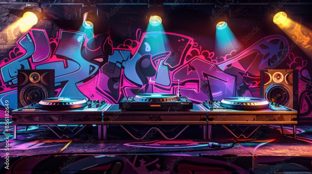 Obraz premium A DJ setup with three turntables and speakers in front of a graffiti wall. Colorful lights illuminate the scene.