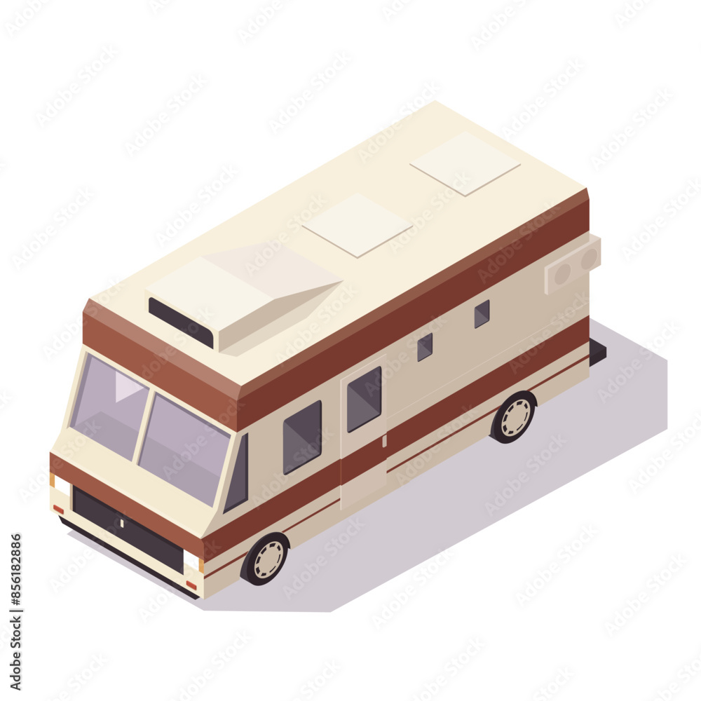 Isometric illustration of a beige RV on a white background. Concept of travel and adventure. Vector illustration Isometric illustration of a beige RV on a white background. Concept of travel and adventure. Vector illustration
