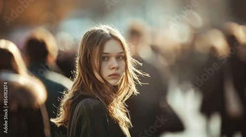 A contemplative teenage girl, with a pensive expression, stands amidst a bustling crowd, illuminated by soft, diffused light, accentuating her sense of isolation.