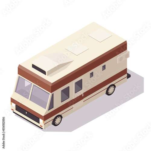 Isometric illustration of a beige RV on a white background. Concept of travel and adventure. Vector illustration