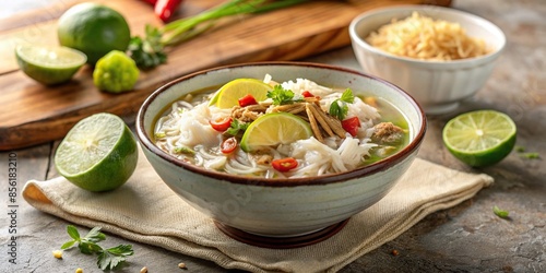 Traditional Indonesian soup dish Soto Lamongan with clear chicken soup, rice photo