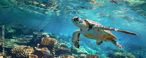 Sea turtle swimming over coral reef, underwater view. Marine wildlife and conservation concept.