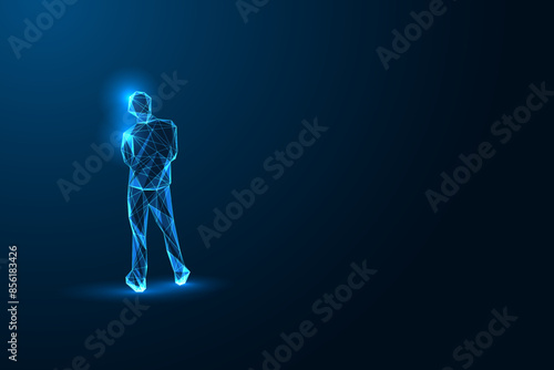 Futuristic man silhouette stands with tilted head, hands held togethe on dark blue background