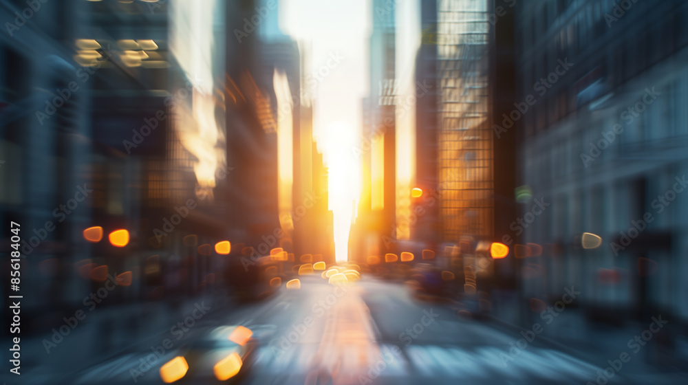 Blurred background of city street with office buildings with sunset and bokeh lights, urban life concept. Blurred background of city street with office buildings with sunset and bokeh lights, urban life concept.