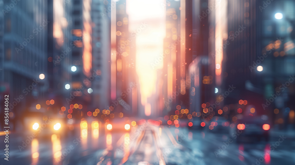 Blurred background of city street with office buildings with sunset and bokeh lights, urban life concept. Blurred background of city street with office buildings with sunset and bokeh lights, urban life concept.