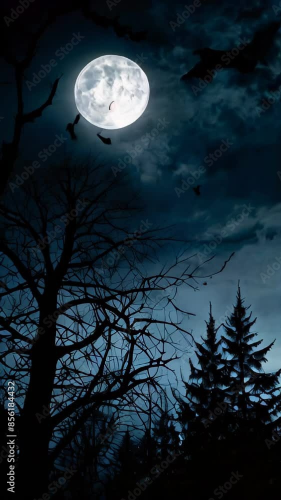 A witch flies across the full moon in a dark, spooky forest scene. Vertical video footage. A witch flies across the full moon in a dark, spooky forest scene. Vertical video footage.