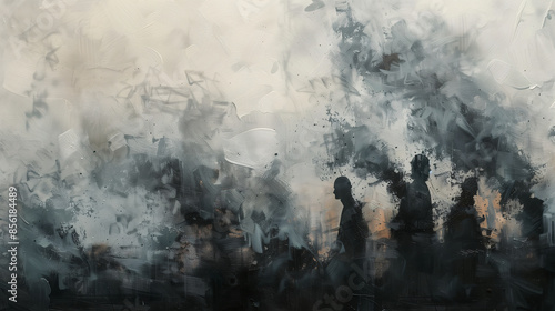 Air pollution background for a presentation or an advertisement. Abstract art for a bad atmosphere in dark color tone with silhouette people in smoke. photo
