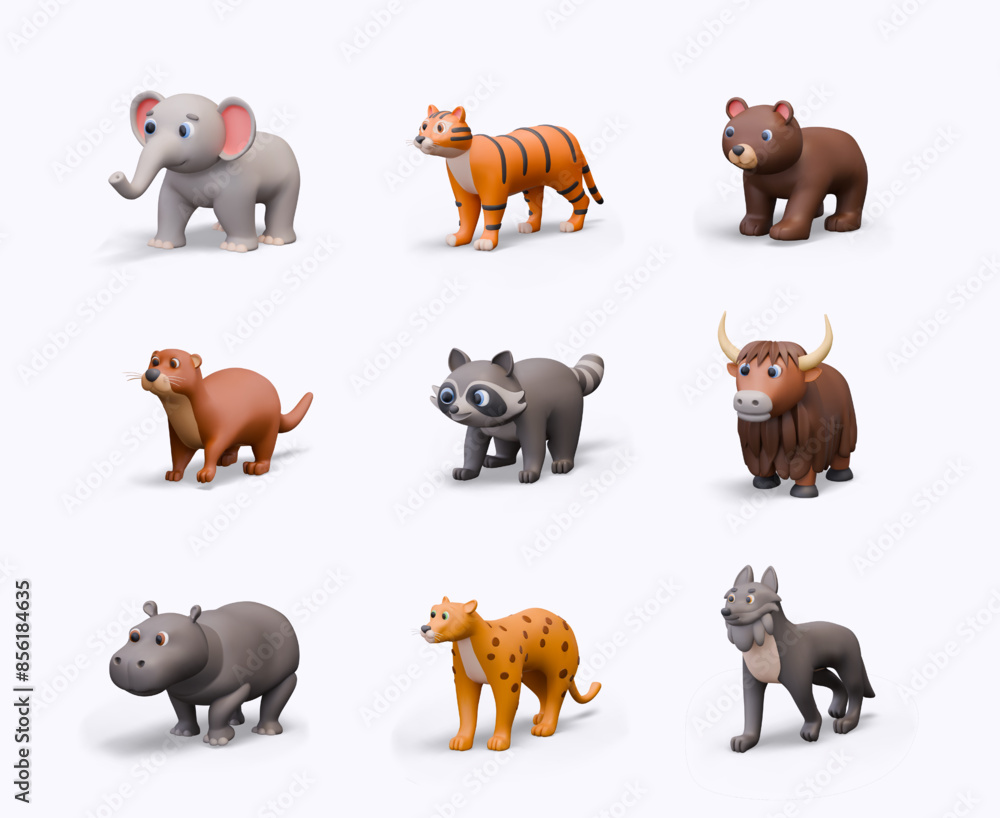 Obraz premium Elephant, tiger, bear, otter, raccoon, yak, hippopotamus, cheetah, wolf