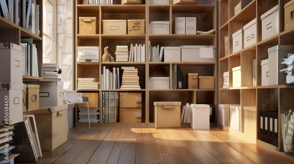Sunlit library room with wooden floors and shelves, holding diverse boxes, books, and documents, creating a warm and inviting atmosphere. Sunlit library room with wooden floors and shelves, holding diverse boxes, books, and documents, creating a warm and inviting atmosphere.