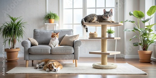 Cozy living room with sleeping dog and cats on a cat tree , cozy, living room, sleeping, dog, cats photo