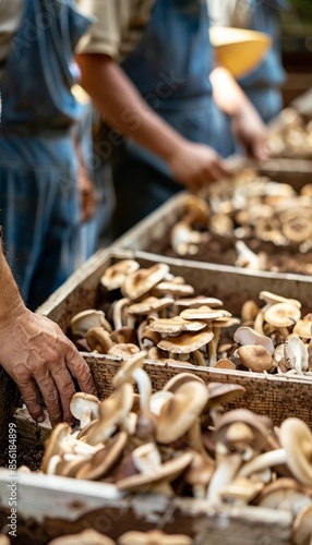 Organic Mushroom Farm in Lush Woodland with Farmers Carefully Tending Wooden Crates of Mushrooms