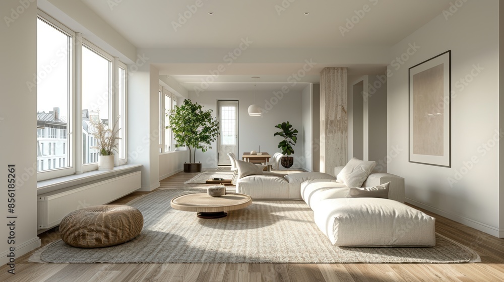 A bright and airy Scandinavian living room with a minimalist decor, featuring white walls, light wood floors, and simple, modern furniture. The room is spacious and uncluttered, with plenty of room A bright and airy Scandinavian living room with a minimalist decor, featuring white walls, light wood floors, and simple, modern furniture. The room is spacious and uncluttered, with plenty of room