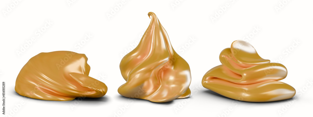Realistic honey in 3D style. Thick golden liquid in various states and movements Realistic honey in 3D style. Thick golden liquid in various states and movements