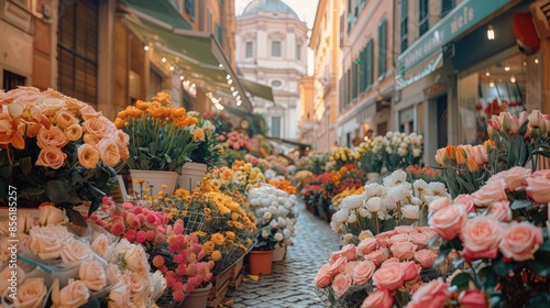 Fototapeta Naklejka Na Ścianę i Meble -  A flower market in Rome. Focus on the soft peaceful color flowers. There are a lot of flowers on both sides. Generative AI.